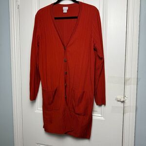 Chicos Sweater Womens Large Red Orange Knit Cardigan Button Down Long Line Tunic